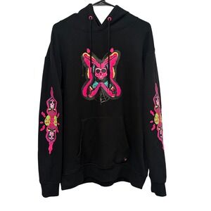 Vitriol Mens Skull Butterfly Graphic Hoodie Black Neon Pink Small Streetwear